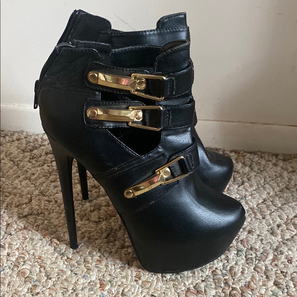Black High Heel Ankle Boots with Gold Accents